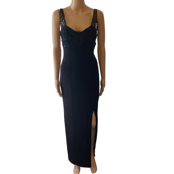 Jump Vintage Y2K Maxi Dress Sz 9/10 Black Stretch Split Whimsigoth Feminine Sexy - Picture 1 of 9